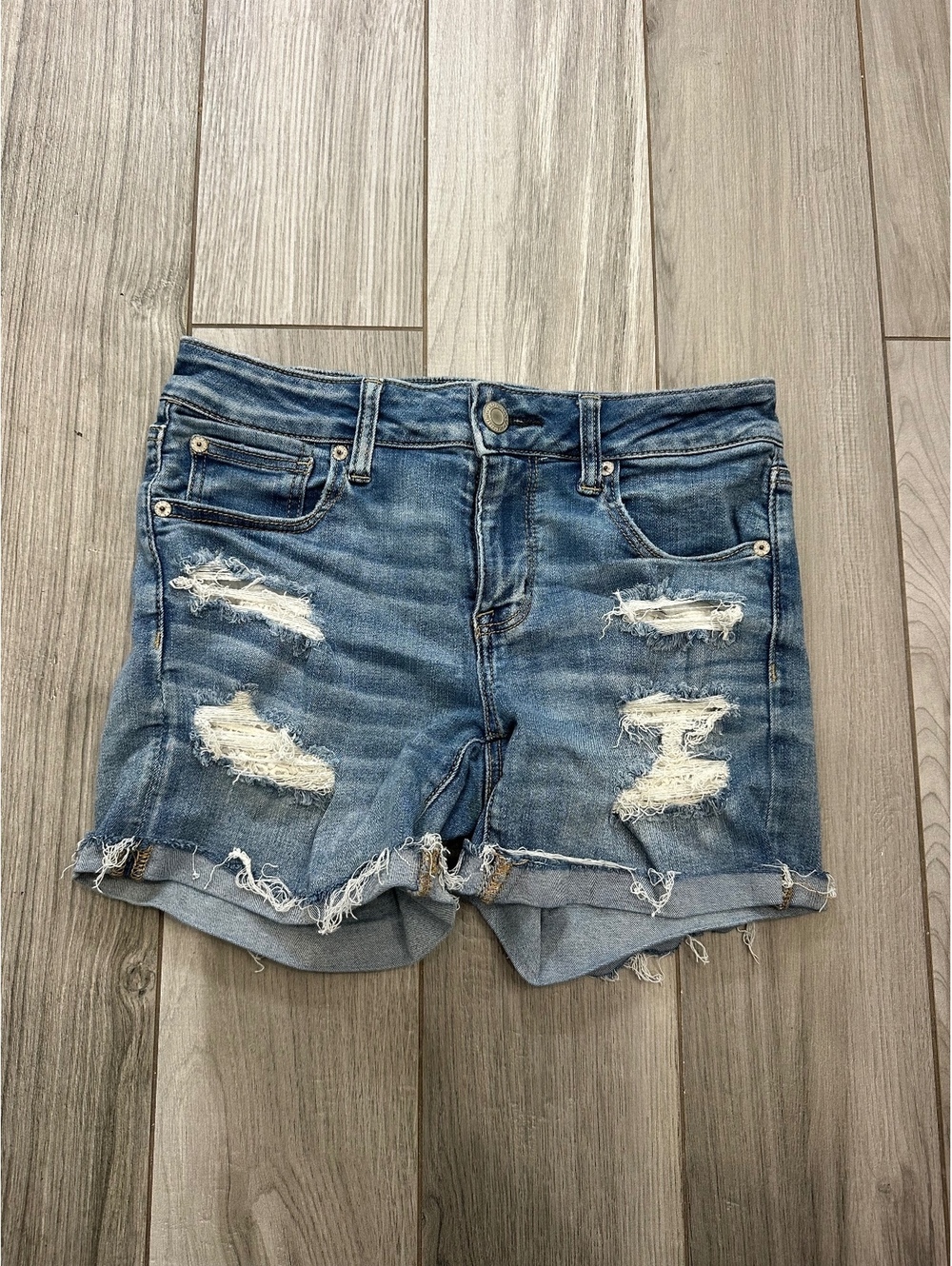 American Eagle Distressed Denim Midi Shorts Size 10